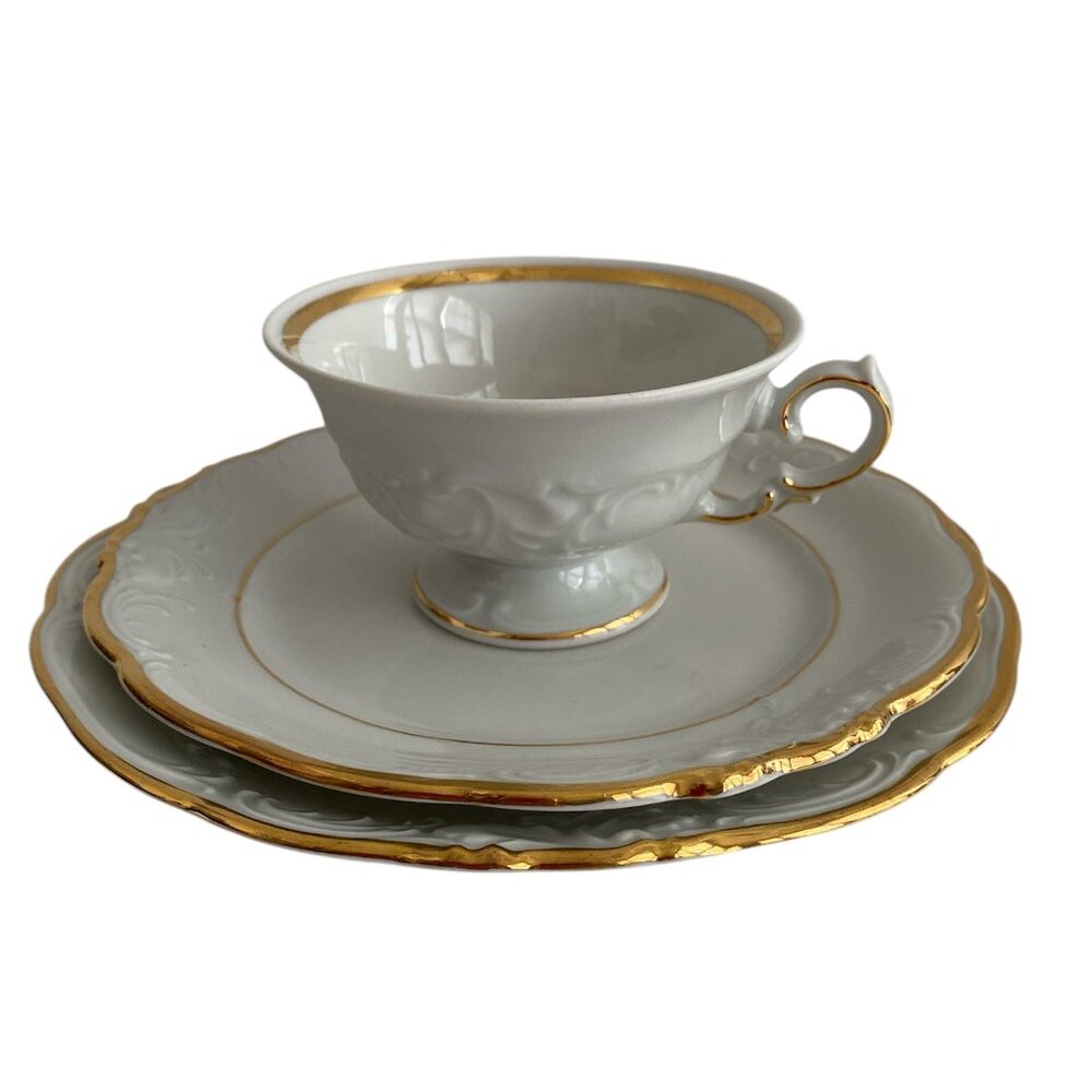 Walbrzych Poland Footed Cup & Saucer Set w/ Bread And Butter Plate Glory